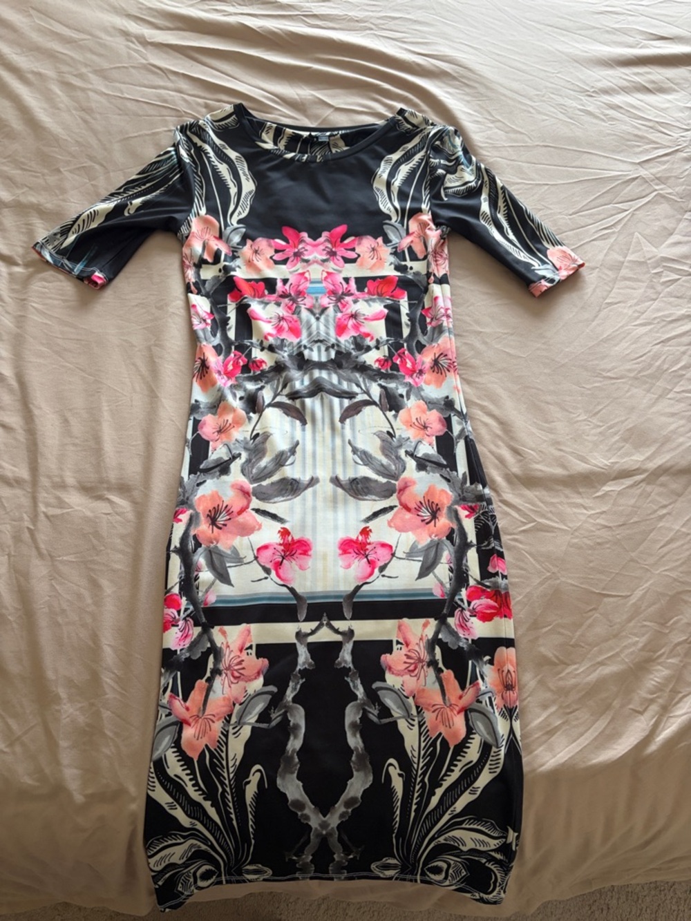 Topshop Black Midi Dress with Pink Floral Print